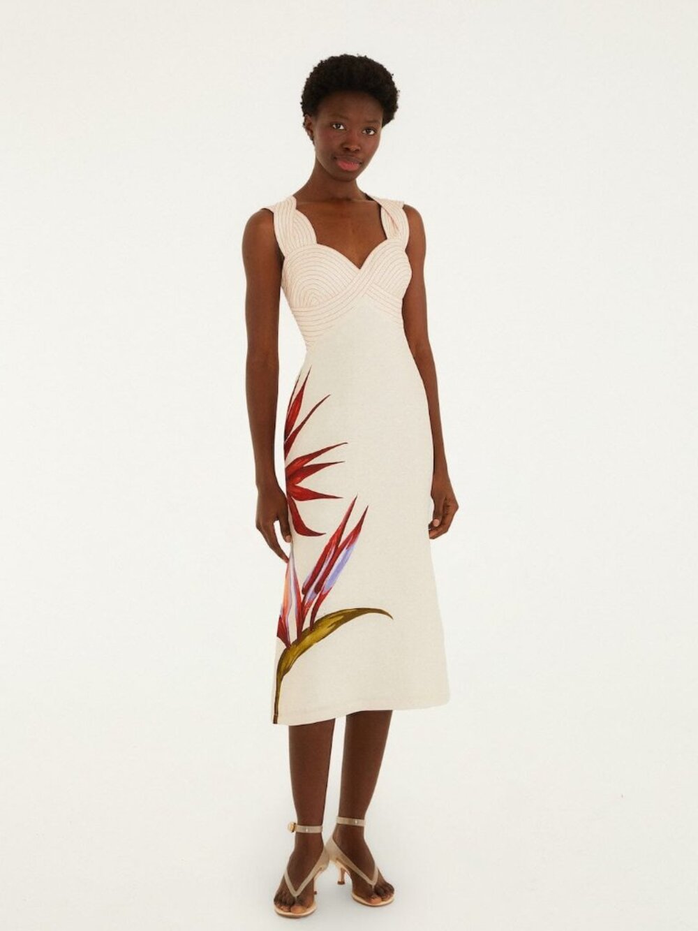FARM Rio Cream Midi Dress with Red & Green Tropical Print
